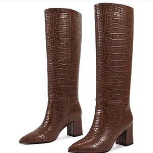 Crocodile-Embossed Brown Heeled Boots